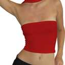 Women's Sexy Halter Tube Tank Crop Tops Strapless Slim Fitted Y2k Bandeau Top Off Shoulder Basic Cami Shirts Red L