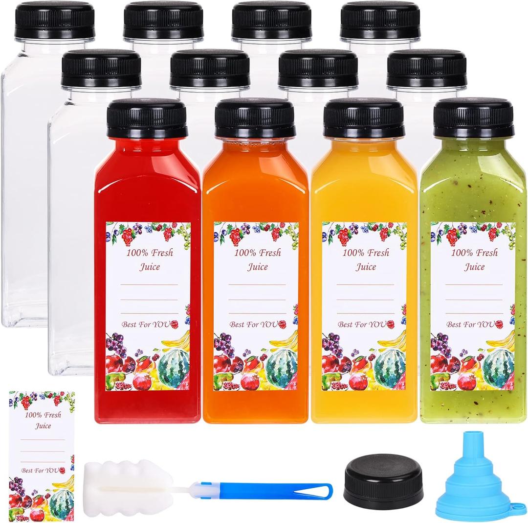 SUPERLELE 12pcs 12oz Plastic Juice Bottles with Caps, Clear Reusable Juice Containers with Lids for Juicing, Smoothie, Drinking and Other Beverages