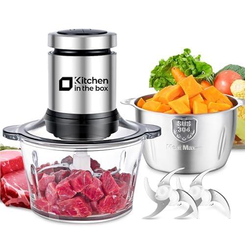 Kitchen in the box Food Processor, Electric Meat Grinder & Food Chopper with 400W Powerful Veggie Chopper-2 Bowls（8 Cup+8 Cup） & 2 Bi-Level Blades for Meat/Fish/Vegetable/Baby Food（Black Button）