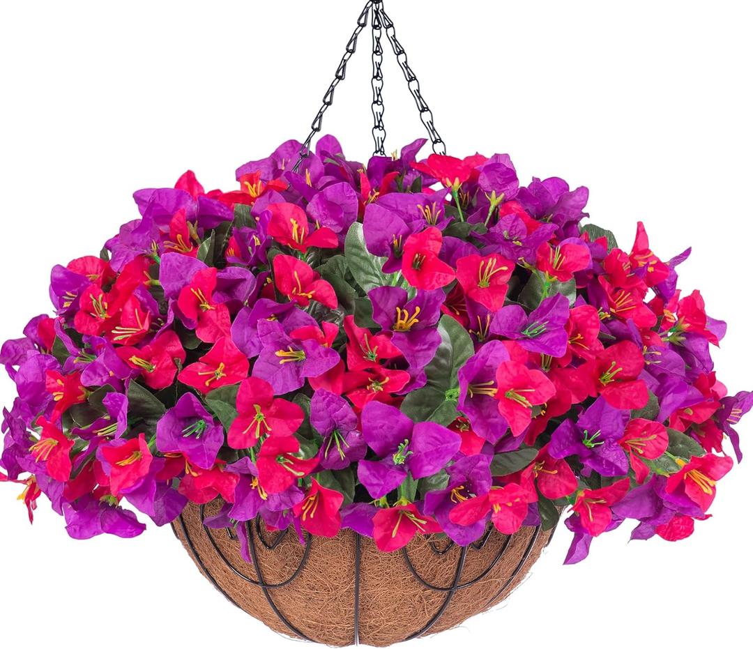 Artificial Hanging Flowers Plant with Basket for Outdoors, Fake Hanging Plants Silk Bougainvillea in Planter Look Real UV Resistant Faux Flower for Outside Porch Patio Garden Home Decor, Purple Hotpink