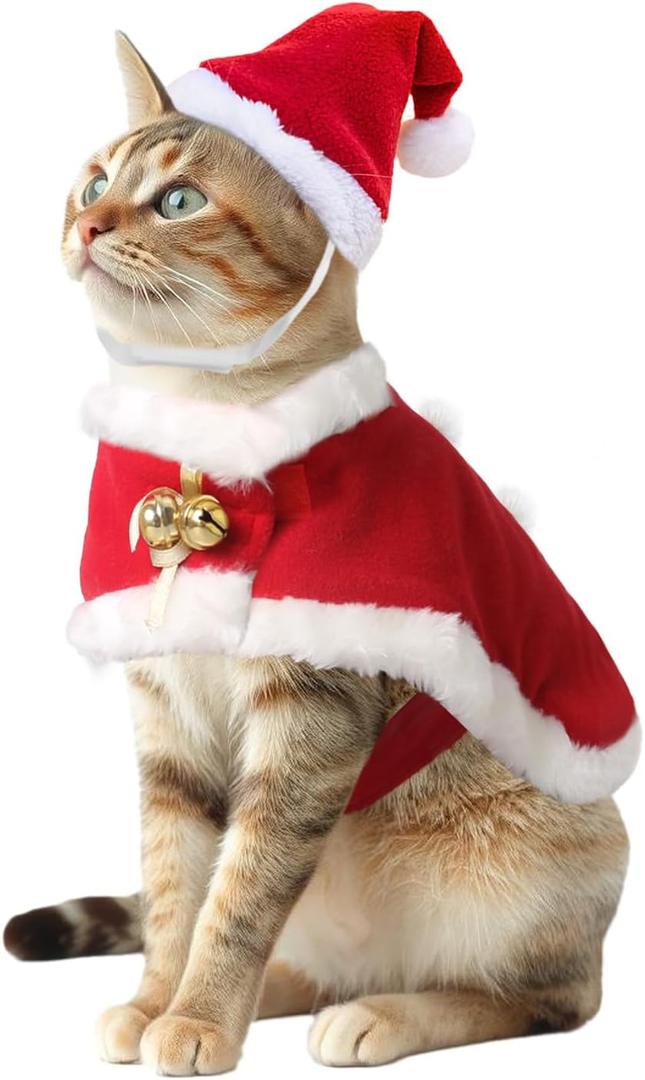BillionChains Cat Christmas Costume with Santa Hat and Cloak Cat Xmas Outfit for Kitten/Puppies/Home Christmas Decoration