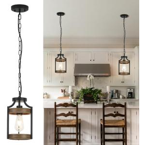 Farmhouse Pendant Light, Rustic Wood Metal Light Fixtures with Adjustable Hanging Chain, Small Pendant Lighting for Kitchen Island, Dining Room, Entryway, Cafe & Bar, 2 Pack