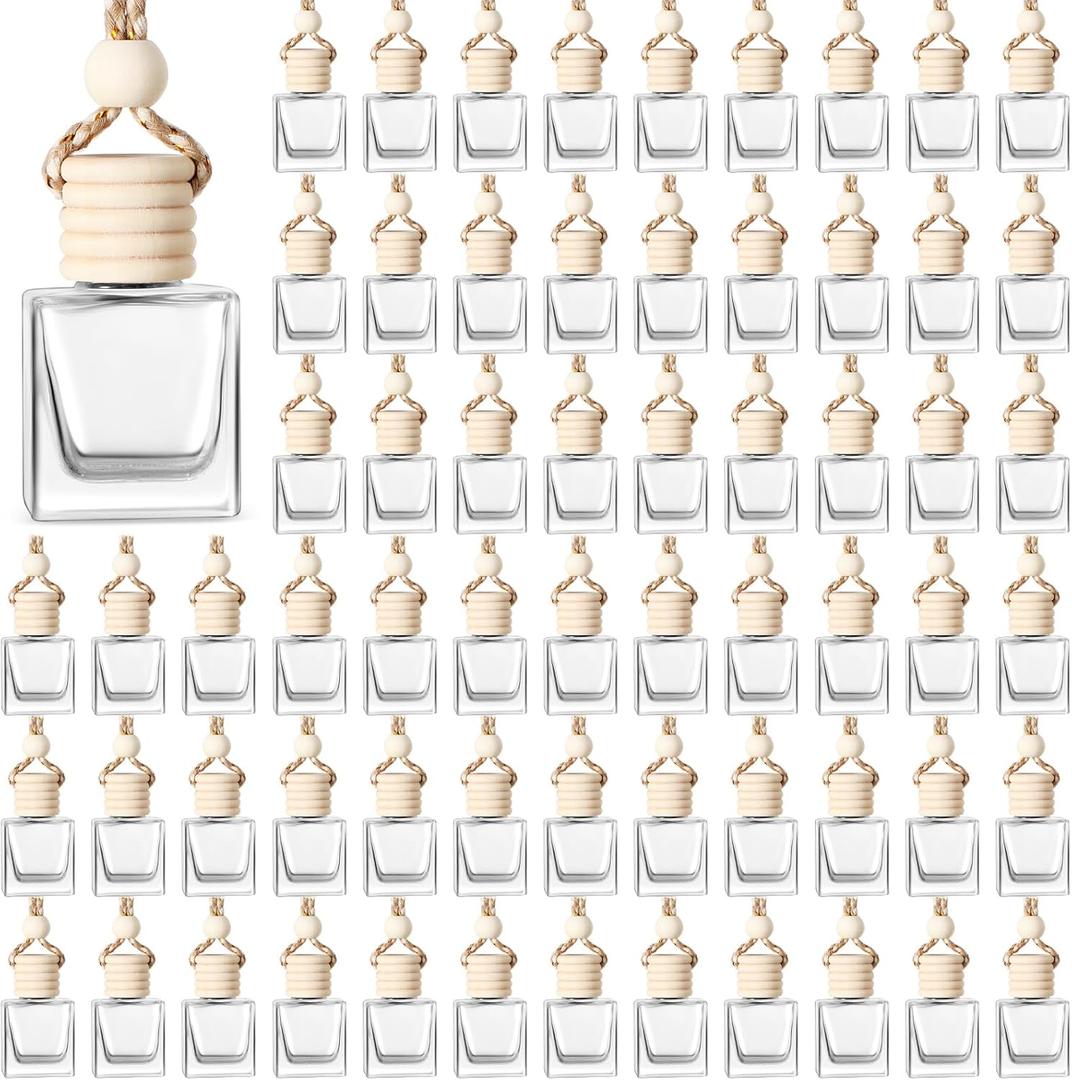 BBTO 100 Pcs Car Air Fresheners Diffuser with Wooden Cap Empty Aromatherapy Diffuser Clear Car Fragrance Holder Pendant Hanging Perfume Fresheners Bottles for Car Decor (Clear,Cube)