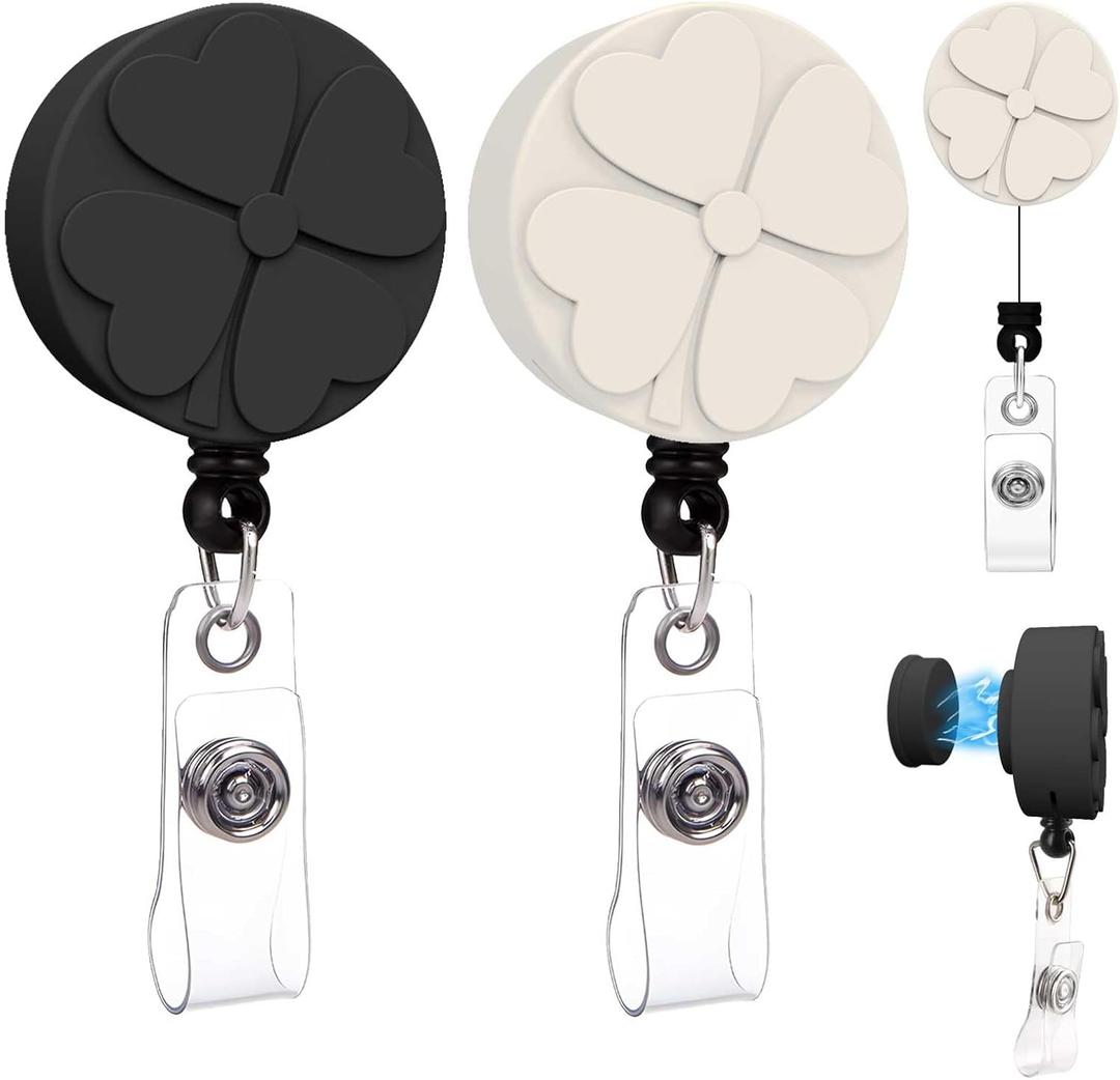 2 Pack Magnetic Badge Holder with Strong Magnet Back - Four-Leaf Clover Retractable Badge Reel, ID Card Clip for Nurses, Teachers, Office Professionals (2, Black&Beige)
