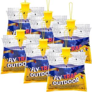 Disposable Fly Traps 6 Pack Bags Outdoor, Flies Catcher Traps with Natural Pre-Bait Refill Repellent, Reusable Stable Horse Ranch Trapper Outdoor Hanging Fly Killer Helps Control Flies