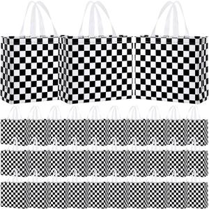 Abbylike 30 Pack Checkered Racing Race Car Gift Bag Bulk Large Goodie Bag Black White Non Woven Tote for Car Birthday Party