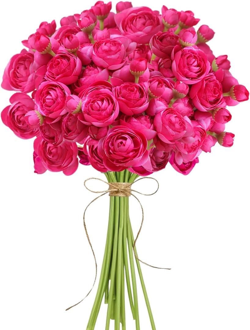 ASTRYAS Ranunculus Artificial Flower, 18Pcs Hot Pink Faux Silk Mini Ranunculus Flowers for DIY Bouquet, Bulk Fake Wedding Filler Flowers for Centerpiece Table Wedding Bridal Party Home Decor Cake