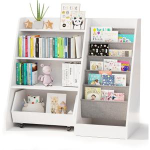 COZPAW Kids Bookshelf and Toy Storage, 4 Tier Toddler Bookshelf with Movable Drawer (White)