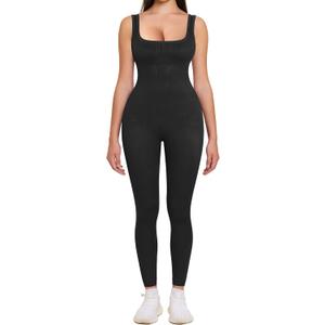 TrainingGirl Womens One Piece Workout Jumpsuits Square Neck Tank Tops Rompers Ribbed Sleeveless Exercise Unitard Yoga Bodycon (Black, XXLarge)