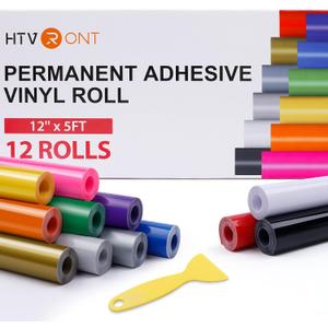 HTVRONT Permanent Vinyl Bundle -12 Pack 12 Inch by 5 Feet Permanent Adhesive Vinyl Rolls Compatible with Cricut Cutting Machine, Silhouette, Cameo Cutters, Signs, Scrapbooking, Craft, Die Cutters (Multicolor)