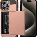 Vofolen Compatible with iPhone 15 Pro Case with Card Holder Dual Layer Shockproof Wallet Phone Case Hidden Card Slot Sliding Protective Hard Shell Back Cover Slim Case for iPhone 15 Pro 6.1'' RoseGold