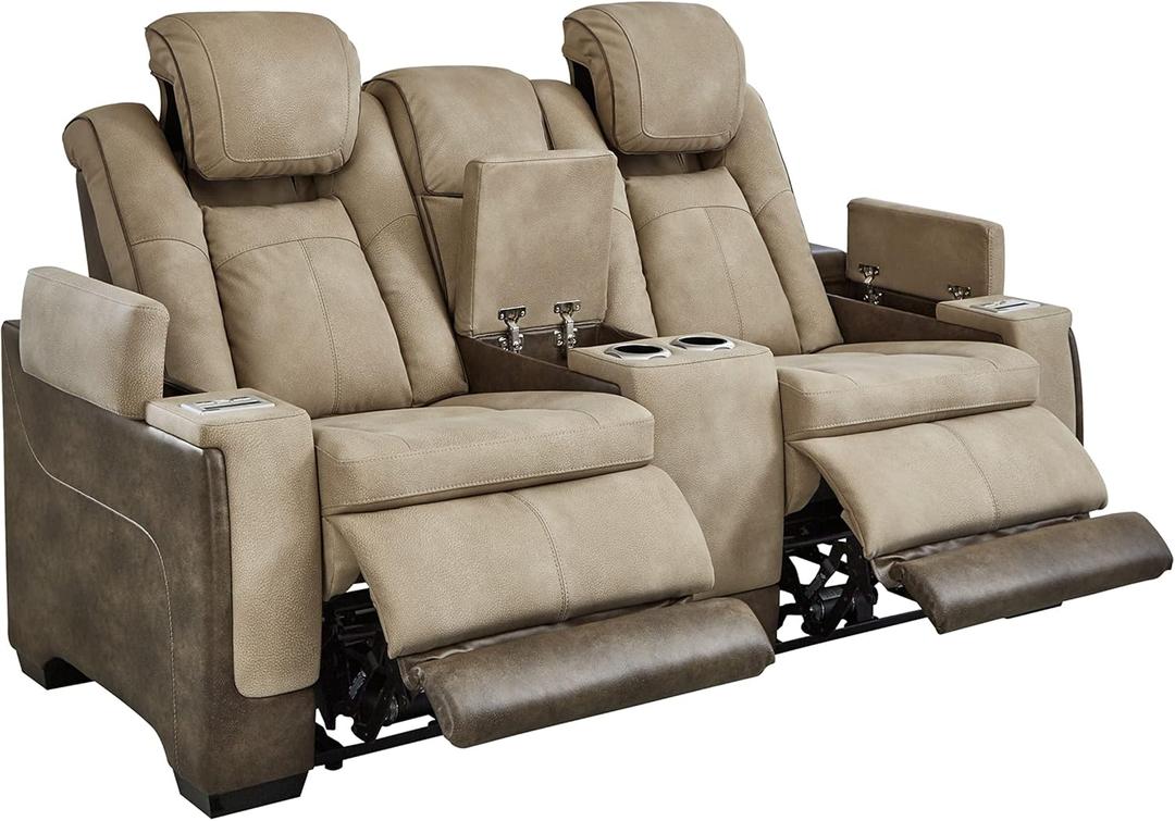 Signature Design by Ashley Next-Gen DuraPella Power Reclining Loveseat with Console & Adjustable Headrest, USB Charging, Faux Leather, 75" W x 39.5" D x 43" H, Sand (Beige)