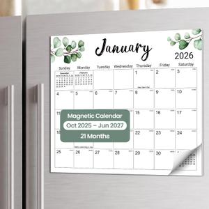Aesthetic 2025-2026 Magnetic Calendar for Refrigerator, 21-Month Fridge Calendar Magnet from October 2025 to June 2027, Greenery Design for Easy Organizing