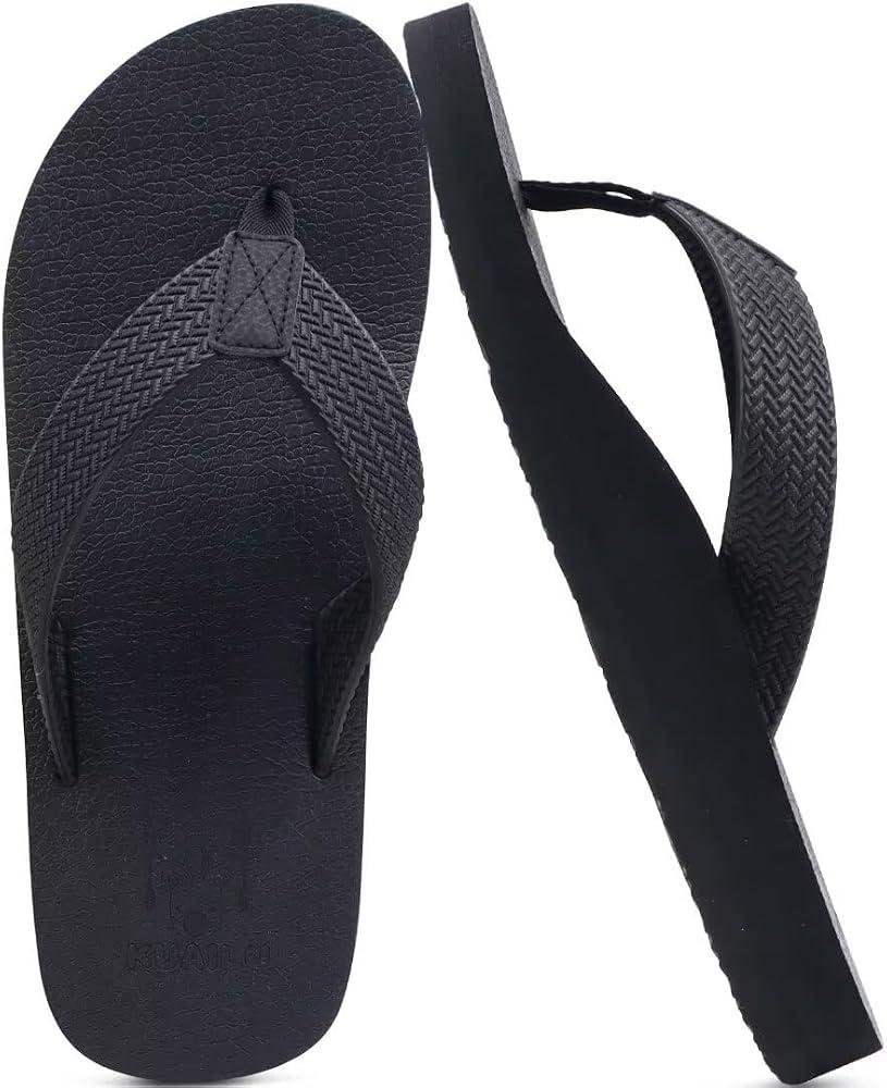 Mens Rubber Flip Flops with Comfortable Arch Support Summer Beach, Dull Black, 11
