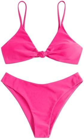 ZAFUL Women's Tie Knot Front Spaghetti Strap High Cut Bikini Set Swimsuit Medium