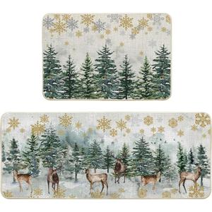 Artoid Mode Xmas Trees Deer Snowflakes Christmas Kitchen Mats Set of 2, Winter Home Decor Low-Profile Kitchen Rugs for Floor - 24x35 and 24x59 Inch (Green)
