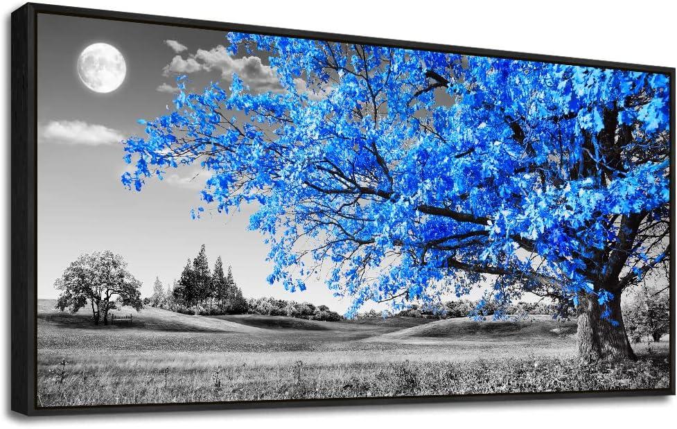 Framed Canvas Wall Art For Living Room Large Size Wall Decor For Bedroom Black And White Wall Pictures Blue Moon Tree Scenery Wall Painting Office Decor Room Home Decoration Black Framed 30" X 60"