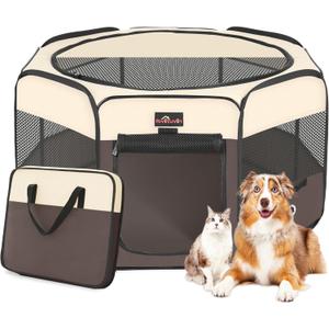 Aivituvin Dog Playpen, Foldable Pet Play Pens with Carrying Bag for Cat, Puppies, Rabbits, Portable Dog Tent Crates Cage for Travel Camping Indoor Outdoor, Removable Shade Cover, Brown M