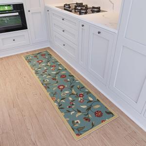 Ottomanson Hallway Runner Rug 1'10" x 6' Non Slip Floral Area Rugs Easy to Clean Laundry Rug Runner Durable Floor Carpet Runners for Hallways Entryway Living Room Kitchen Bathroom, Seafoam Green