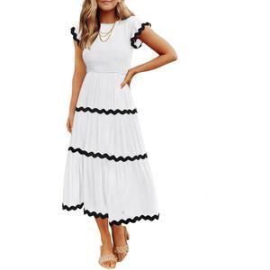 ZESICA Womens Summer Casual Smocked Flowy Midi Dress | Crewneck,Flutter Short Sleeve Dress,High Waist Tiered Dress,Flowy A Line Dress,Travel Vacation Party Church Dress,Work Dress (L)
