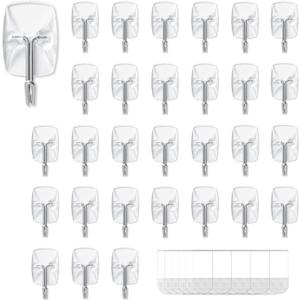 30 Small Hooks+40 Removable Strips, Clear Wire Utility Hooks with Adhesive Strips Damage-Free, No Tools Wall Hooks for Hanging Heavy Duty, Value Pack