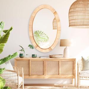 Rattan Mirror,Oval Boho Bathroom Mirror for Wall,20x30 Wicker Vanity Mirror for Nursery Dcor,Coastal Farmhouse Wood Mirror for Bedroom Entryway Living Room
