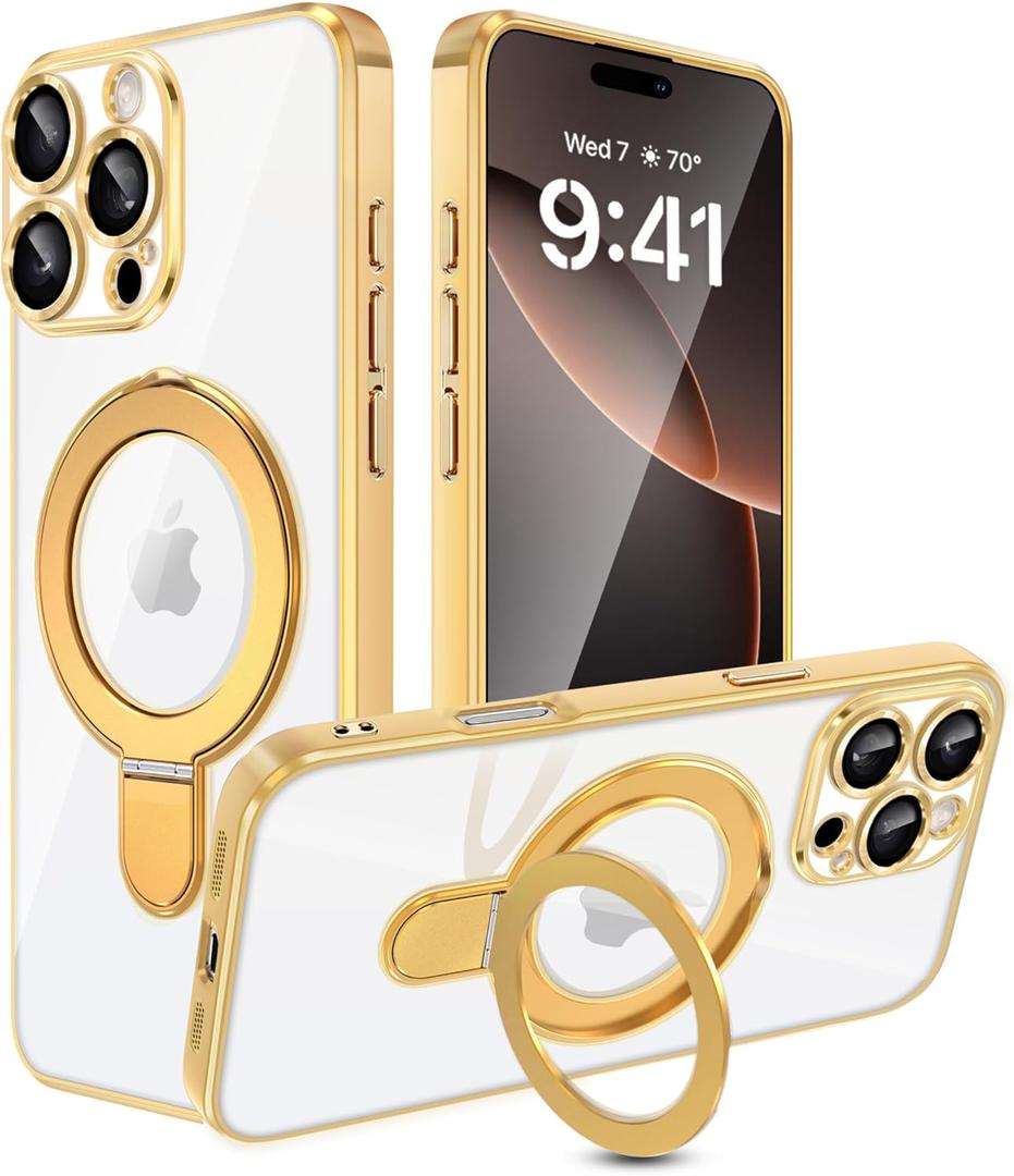 Fingic for iPhone 16 Pro Max Case[Full Camera Len Protector]with Magsafe with Invisible Stand Military Grade Drop Protection Cute Thin Fit Non-Yellowing Clear TPU Rugged Bumper Anti-scratch Case,Gold