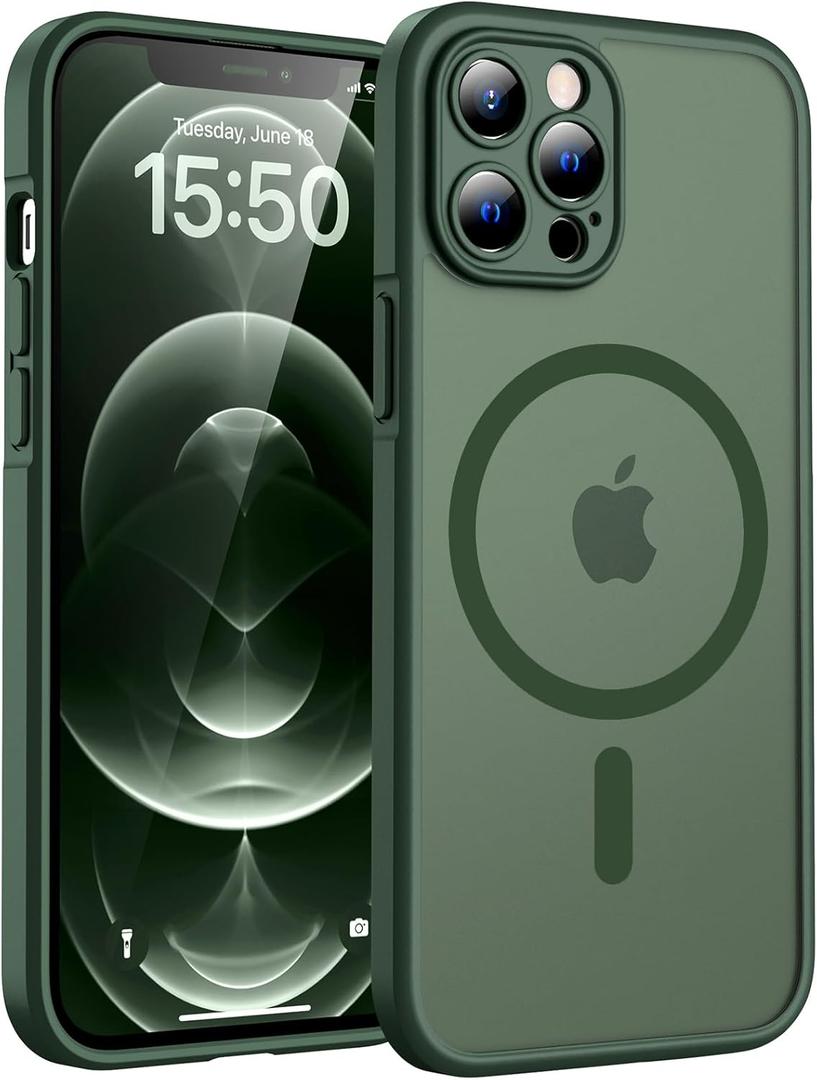 TOCOL Magnetic for iPhone 12 Pro Max Case, Upgraded Full Camera Protection, Compatible with Magsafe, Drop Protection, Translucent Matte Back Bumper Phone Cover 6.7-InchAlpine Green