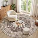 8ft Round Vintage Living Room Area Rug - 8x8 Large Soft Washable Oriental Traditional Distressed Farmhouse Rugs for Bedroom - Indoor Floor Accent Carpet for Home Office House Decor - Dark Brown