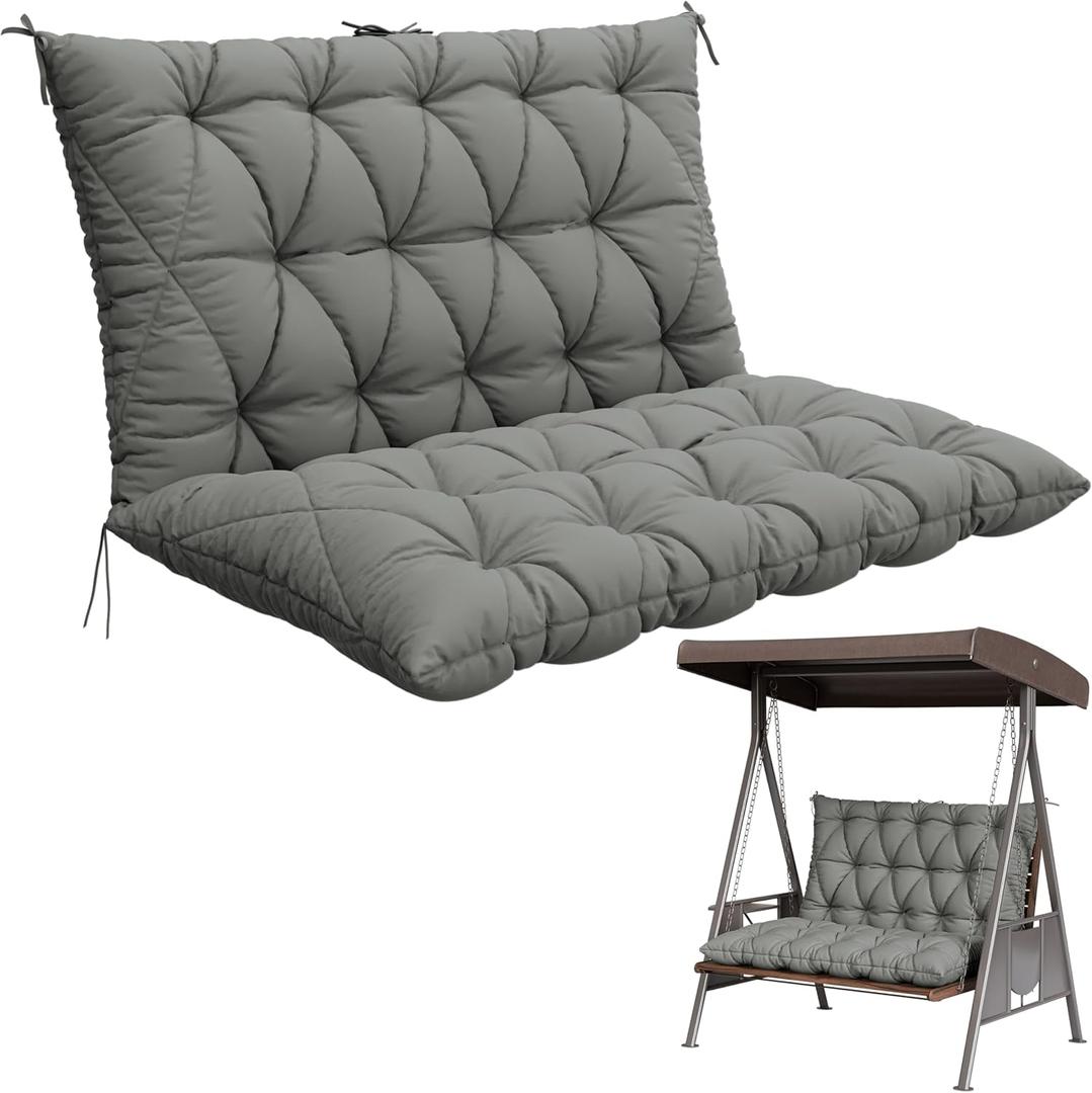 Porch Swing Cushion with Backrest,Waterproof Bench Cushion for Outdoor Furniture,2-3 Seater Replacement Thickened 5 in swing cushion,with Ties,Patio,Outdoor,Backyard and Garden (Light Grey,47x40 in)