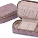 HISCOW Vegan Leather Travel Jewelry Case with Zipper - Portable Necklace & Earring Holder Organizer for Women Girls, Velvet-Lined Ring Box with Anti-Tarnish Design, Grayish Purple