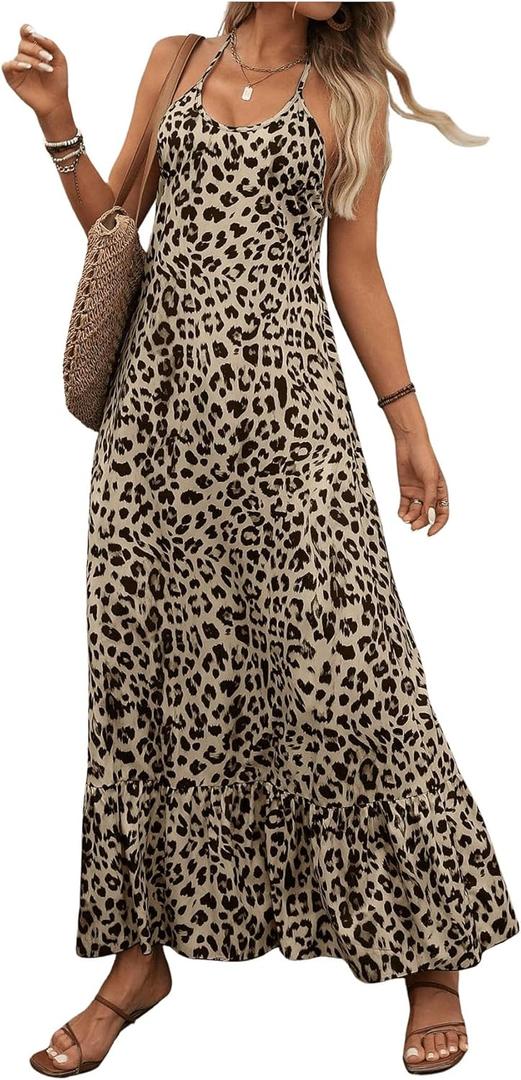 SweatyRocks Women's Leopard Print Ruffle Sleeveless Halter Maxi Dress Vacation Dresses (Multicolor)