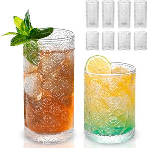 Vintage Sunflower-Pattern Glasses Set of 8, 14 oz Tall & 10 oz Short Glass Cups, Mixed-Size Embossed Glassware Tumblers for Water, Juice, Cocktails, Clear Textured Drinking Glasses, Dishwasher Safe
