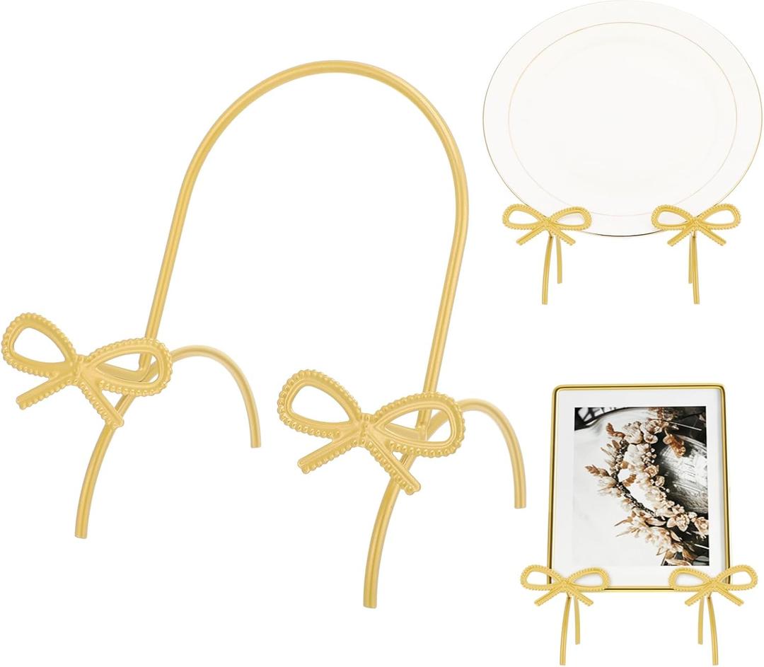 LemonRoad Bow Plate Stands for Display 6 Inch Gold Metal Decorative Platters Holder Brass Frame Display Easel Stand for Picture Decorative Plate Photo Easel Tabletop Art