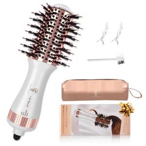 Hair Trends Travel Hair Dryer Brush, Nano Titanium 2 Inch One Step Hair Dryer & Styler Volumizer, Mini Oval Hot Air Brush, White and Rose Gold, HB004