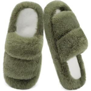 COFACE Women's Fuzzy Slippers Memory Foam Open Toe Slip On House Shoes Size 8.5 (Green)
