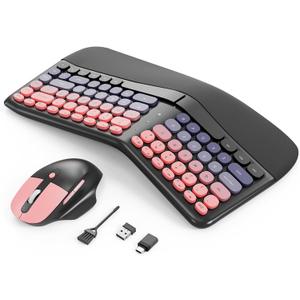 Ergonomic Wireless Keyboard and Mouse, Mechanical Gaming Set with Wrist Rest & OTG & Brush Ideal for Windows PC, Home, Office and College Black Pink