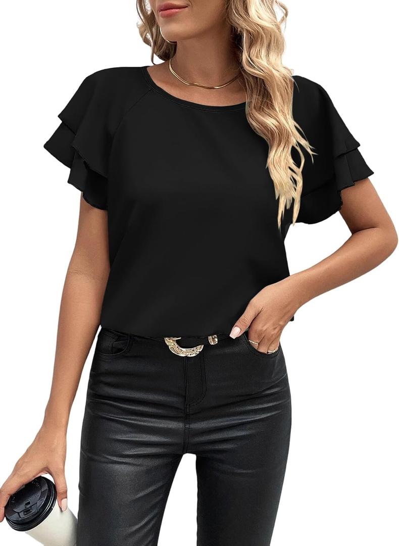 Summer Casual Boho Blouse for Women Fashion Floral Shirt Ruffle Short Sleeve Crewneck Chiffon Tops (Black, XXL)