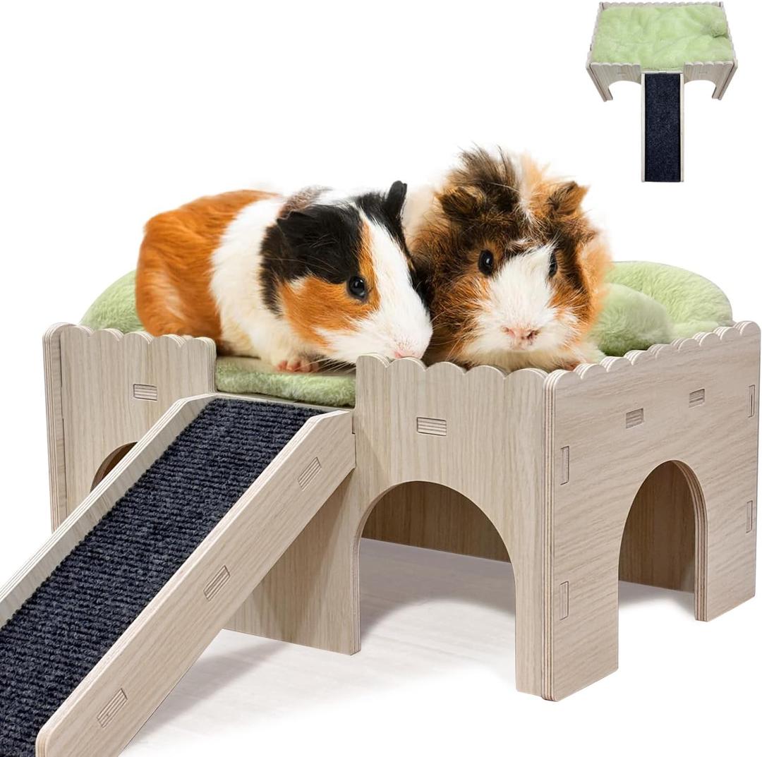Wooden Guinea Pig Hideout with Ramp, 4 Entrances, with Soft Pad, 9mm Wood for Guinea Pig House Bunny Hideout