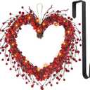 DR.DUDU Valentine's Day Wreath, 15" LED Lighted Red Berry Heart Shaped Valentines Wreaths for Front Door, Battery Operated Artificial Wreaths Home Decoration for Outdoor Indoor Wall Mantel