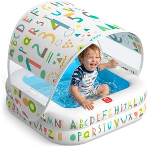 QPAU Baby Pool with Detachable Canopy for Sun Protection, 35" x 10" Portable Inflatable Kids Pool with Padded Bottom, Kiddie Pool & Ball Pit with Handles for Backyard and Indoor, Ages 1-3 (Blue)