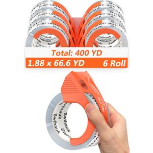 Swihauk Total 400 yd, 6 Pack 1.88 in x 66.6 yd - Heavy Duty Packing Tape with Dispenser Combo, Clear Shipping Tape, Packaging Tape, Package Tape for Shipping Moving Storage and Mailing, w30200