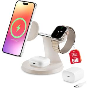 3 in 1 Wireless Charging Station for Apple Device: Fast Charging Station for iPhone and Watch with MagSafe, Stable Charger Stand for iPhone 12-16 & iWatch & AirPods (Warm Gray)