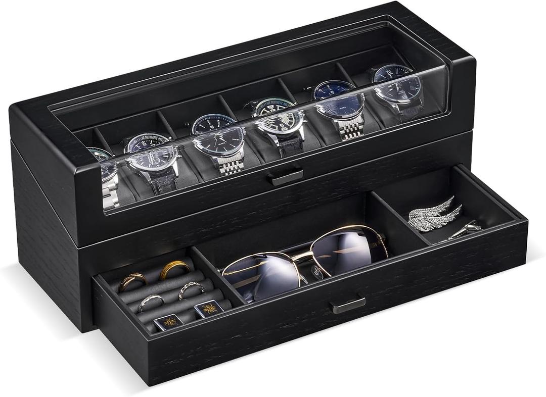 ProCase High End Wooden Watch Box for Men, 2-Layer Wood Watch Display Case Men's Jewelry Organizer Box with Drawer, Fathers Day Gift -6 Slot, Black