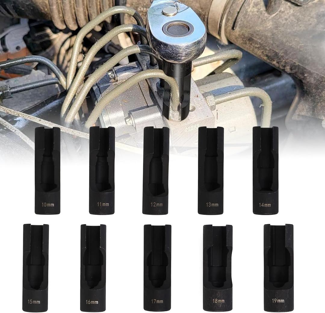 10-Piece Professional Flare Nut Socket Set - 1/2" Drive Cr-Mo Steel Anti-Slip Design - SAE/Metric for Automotive Brake Lines, Fuel Systems & Mechanical Repairs (3/8" to 1-1/16")"