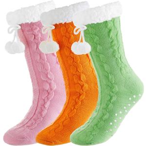 ramede Womens Fuzzy Slipper Socks with Gripper Winter Pastel Cozy Non Slip Winter Lined Warm Thick Soft Socks Gift (Orange Pink Green)