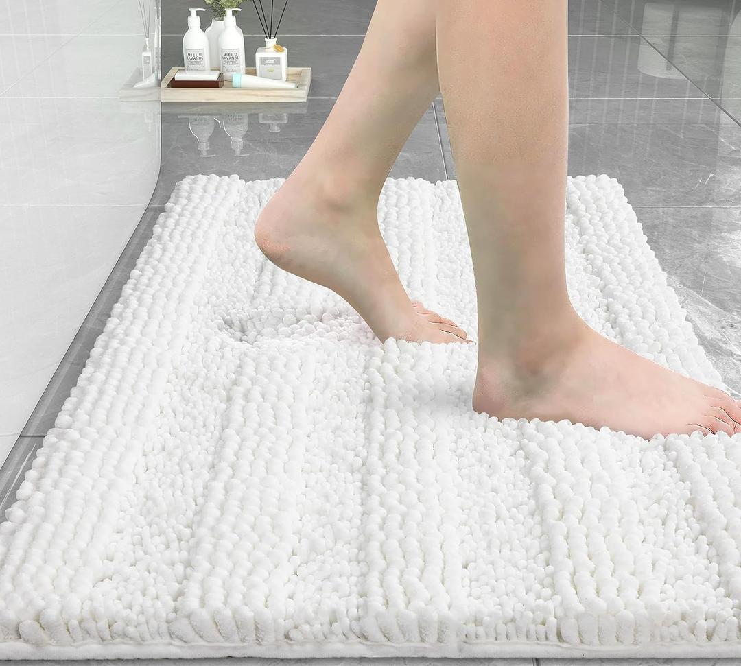 Yimobra Bathroom Rug Mat 32 x 20, Non Slip and Super Absorbent Bath Mat,Machine Washable Quick Dry,Ultra Plush Chenille Shower Rugs for Bathroom Floor Sink Tub and Shower Outside,White