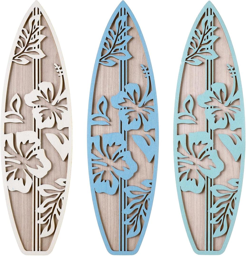 RattanView 3 Pieces Surfboard Decor for Bedroom Wooden Beach Wall Decor Summer Wood Surfboard Wall Hanging Sign for Tropical Living Room Decoration(Hibiscus,Blue)