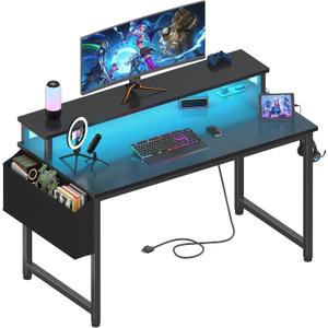 Lufeiya Black Gaming Desk with LED Lights and Power Outlets, 40 Inch Teen Writing Study Table Home Office Desks with Monitor Stand, Computer Desk with Charging Station USB Port, Black
