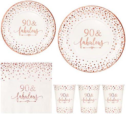 Crisky Rose Gold Foil 90 Fabulous Napkins, Cups Set for Women's 90th Birthday Party Decorations, Disposable Tableware Set of 24 (9" Plates, 7" Plates, Luncheon Napkins, 9oz Cups)
